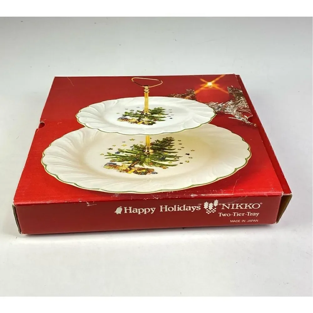 Vintage Nikko Two Tier Happy Holidays Christmas Serving Tray Made in Japan BB156